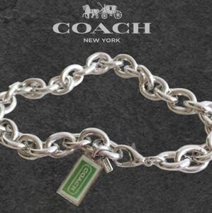 Coach Silver Tone Chain Bracelet with Green Tag
